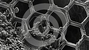 An electron microscope image of a graphene transistor with minute details of its structure visible at an atomic level