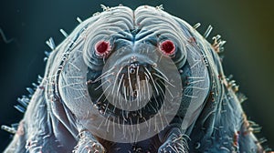 An electron microscope image of a tardigrades head showing its fearsome mouthparts and piercing red eyes magnified to