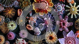 An electron microscope image of various types of pollen resembling a diverse array of intricate jewels. .