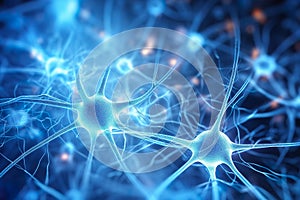 Electron microscopy of brain neural network. Generative AI.