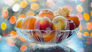 An electron orb orbits around an atomshaped fruit bowl holding vibrant apples and oranges
