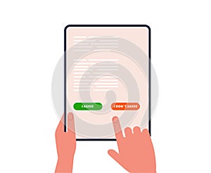 Electronic agreement. Man chooses agree disagree on tablet screen. Online business, purchase or registration