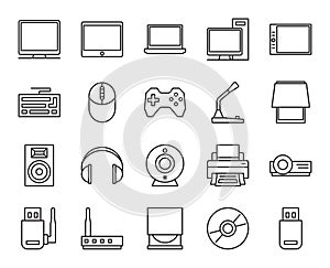Electronic and analog devices. basic set of simple linear icons