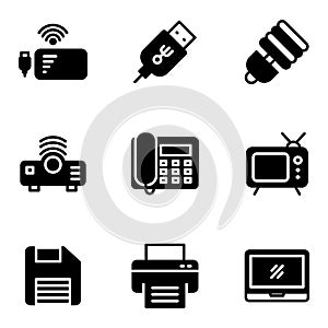 Electronic And Appliance icon set include power bank,port,lamp,Projector,telephone,television,floppy disc,printer,laptop