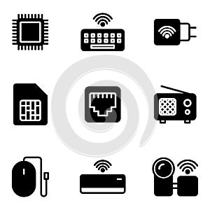 Electronic And Appliance icon set include processor,keyboard,charger,memory card,cable lan,radio,Mouse,air conditioner,camera