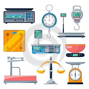 Electronic, balance and other types of scales. Vector illustrations isolate