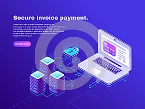 Electronic billing connection of laptop and database. Secure invoice payment. Electronics transaction bill 3d isometric