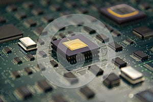 Electronic board with cpu processor and electronic chips technology concept background with DOF Effect