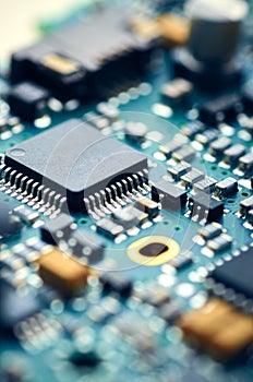 Electronic board with details and microchips, high-tech close-up