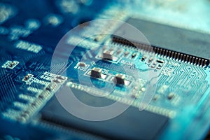 Electronic Board with semiconductor elements closeup. Concept of the technology of solid-state microelectronics