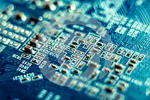 Electronic Board with semiconductor elements closeup. Concept of the technology of solid-state microelectronics