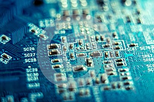 Electronic Board with semiconductor elements closeup. Concept of the technology of solid-state microelectronics