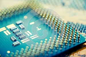 Electronic Board with semiconductor elements closeup. Concept of the technology of solid-state microelectronics