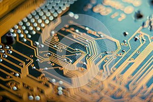 Electronic Board with semiconductor elements closeup. Concept of the technology of solid-state microelectronics