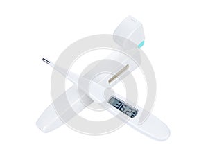 Electronic body thermometer display human body temperature 36.2 grades C Celsius. Isolated on white.