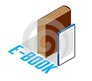 Electronic book concept with cell prone gadget 3d isometric vector design, online reading, book web archive.