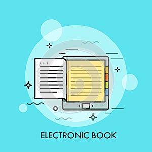 Electronic book. Concept of modern electronical device or mobile gadget for reading, e-book with monochrome display, e