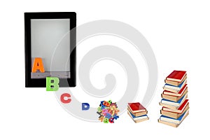 Electronic book, e-learning, information in e-book, modern education concept.