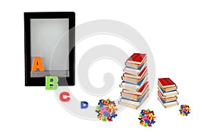 Electronic book, e-learning, information in e-book, modern education concept.