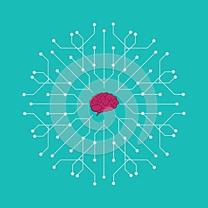 Electronic brain icon - brain mapping concept with dots, circles and lines