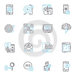 Electronic branding linear icons set. Digital, Branding, Identity, Innovation, Authenticity, Strategy, Integration line
