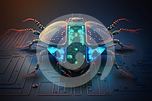 Electronic bug on circuit. Computer virus concept. Spy bug. Generative AI.