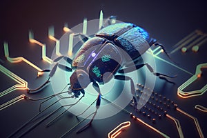 Electronic bug on circuit. Computer virus concept. Spy bug. Generative AI.