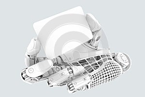 Electronic business finance concept of robotic arm with plastic clean plate in a card shape