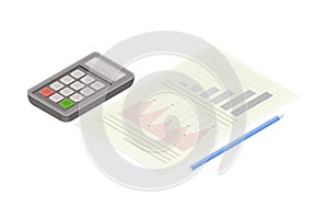 Electronic Calculator and Document Paper as Financial Accounting and Summary Isometric Vector Composition