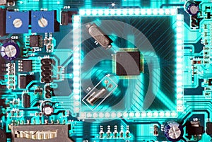 Electronic chip circuit board glowing