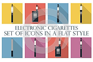 Electronic cigarette. Electronic cigarette flat icons. Types vaporizers. Set.
