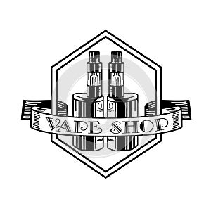 Electronic cigarette and liquid, Vape shop vector monochrome badges, emblems