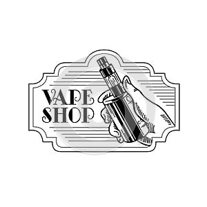 Electronic cigarette and liquid, Vape shop vector monochrome badges, emblems