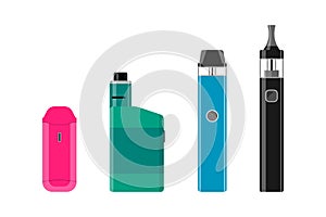 Electronic cigarette set. Colorful vape pen hipster equipments for smoking. E-cigarette collection for vaping. Different