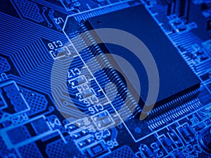 Electronic circuit board. Abstract technological background. Digital chip integrated communication processor. Circuit technology