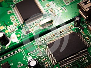 Electronic circuit board. Abstract technological background. Digital chip integrated communication processor. Circuit technology