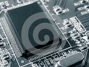 Electronic circuit board. Abstract technological background. Digital chip integrated communication processor. Circuit technology
