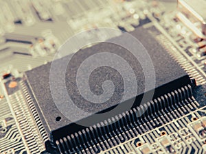 Electronic circuit board. Abstract technological background. Digital chip integrated communication processor. Circuit technology