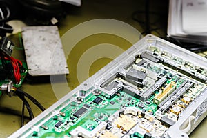 electronic circuit board with capacitors, resistors and transistors