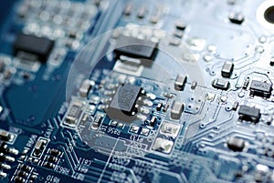 Electronic circuit board chip component computer technology motherboard microchip hardware digital equipment semiconductor detail