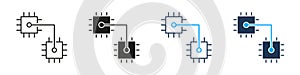 Electronic Circuit Board Chip Connection Line and Solid Icon Set. Processor Microchip Digital Hardware Computer