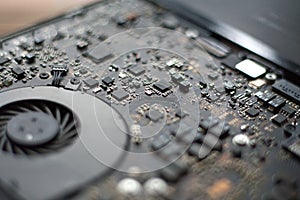 Electronic circuit board close up. Blurred background