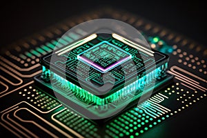 Electronic circuit board close up. Glowing microchip in macro. Futuristic circuit concept. Generative AI.