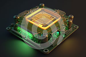 Electronic circuit board close up. Glowing microchip in macro. Futuristic circuit concept. Generative AI.