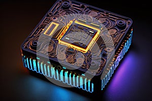 Electronic circuit board close up. Glowing microchip in macro. Futuristic circuit concept. Generative AI.