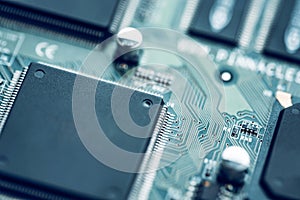 Electronic circuit board close up. Modern hi-tech background