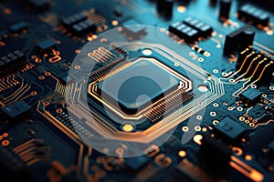 Electronic circuit board close up. Printed Circuit board with Microchips and other Components