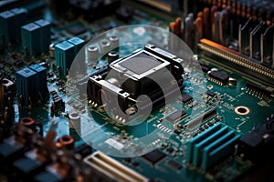 Electronic circuit board closeup, AI Generated