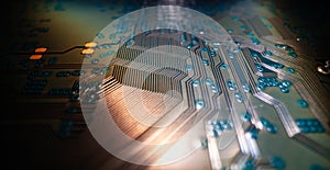 Electronic circuit board closeup. Electronic motherboard card. Circuitry and close-up on electronics. Background of electronics on photo