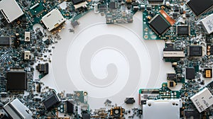 Electronic Circuit Board Components Frame on White Background Tech Engineering and Innovation